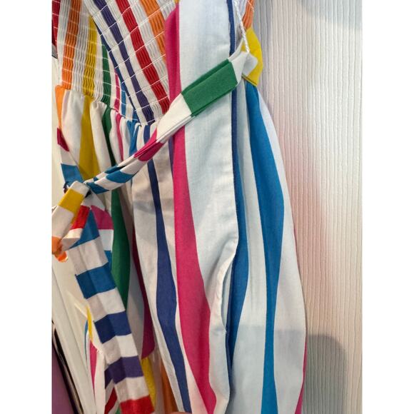 Vintage Y2K NY & Co Rainbow Striped Off Shoulder Maxi Dress Tiered Smock Belted - Picture 7 of 7